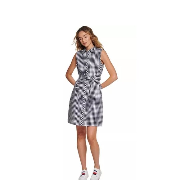 Tommy Hilfiger Dresses & Skirts - Tommy Hilfiger Gingham Dress Sleeveless Collared Belted Button Down Black SZ 10
